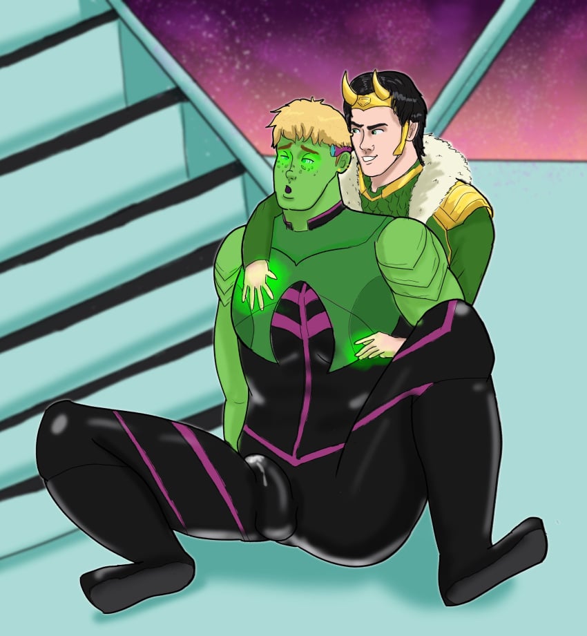 2boys alien bara bisexual_male black_hair blonde_hair bulge bulge_through_clothing clothed clothed_male cum cum_through_clothes dark_hair deity duo erection evil_grin freckles galaxy gay gay_male green_body green_eyes green_skin hulkling hypnosis light-skinned_male light_skin loki_(marvel) looking_at_partner magic magic_user male male/male male_only marvel marvel_comics princemacs princmacs sitting size_difference smile smiling spread_legs stars superhero superhero_costume teddy_altman yaoi young_avengers