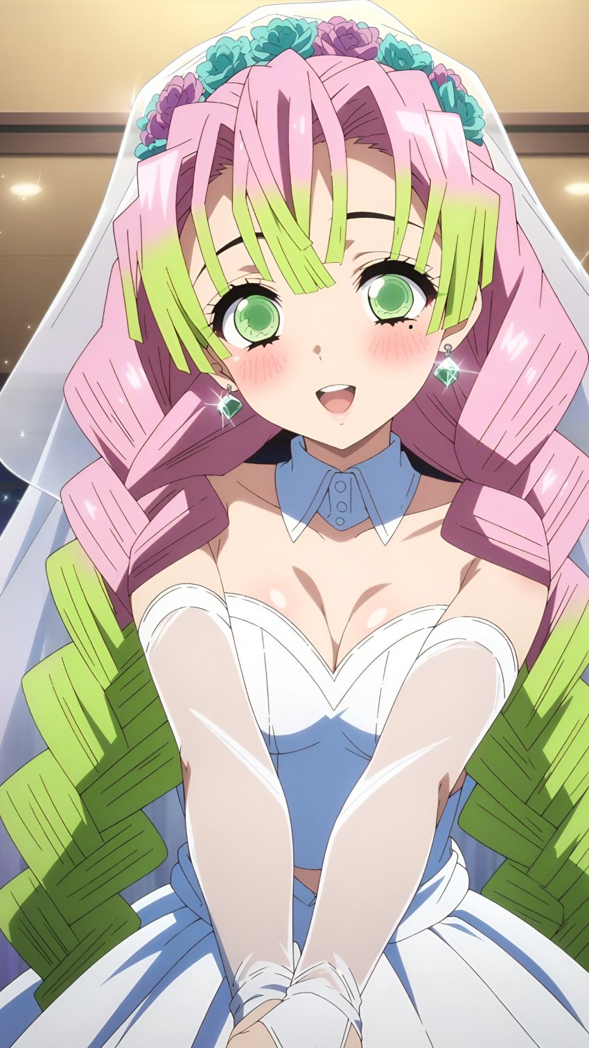 ai_generated bride_veil demon_slayer earrings green_eyes green_hair happiness happy kanroji_mitsuri kimetsu_no_yaiba pink_hair smile wedding wedding_dress wedding_veil