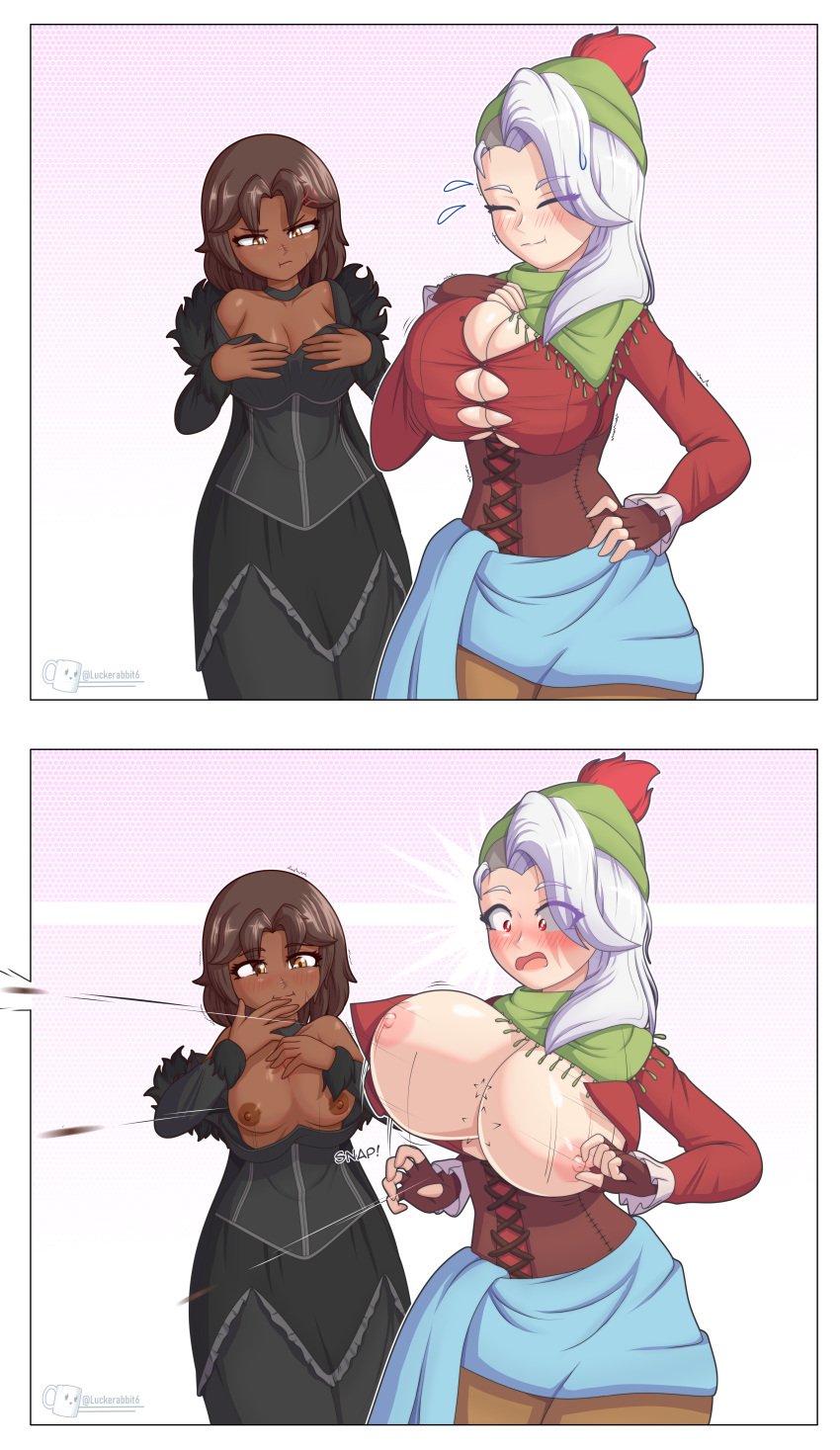 2girls 2koma beanie big_breasts blush breast_envy breasts breasts_out brown_hair bursting_breasts choker cleavage comic corset couple dark_skin dress embarrassed enf english_text exploding_clothes female_focus female_only gigantic_breasts happy huge_breasts interracial interracial_yuri large_breasts luckerabbit6 luckerabbit9 medium_breasts medium_hair morgan_seacole_(mazhazpazzaz) nipples orange_eyes original original_character outfit_swap oversized_clothes pale_skin red_eyes ripped_clothing scar scarf short_hair sidecut silver_hair small_breasts smaller_female taller_girl text thick_thighs tight_clothing wardrobe_malfunction wide_hips willow_vovk_(mazhazpazzaz)