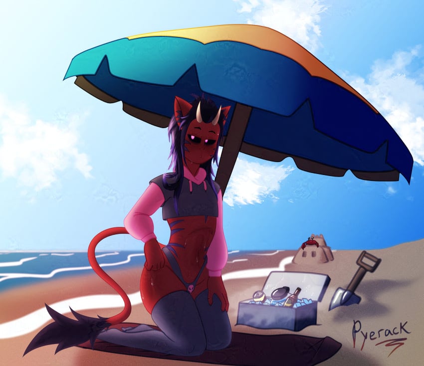 1animal 1boy 1male alcohol arched_back ass beach_background beach_towel beach_umbrella beer belly belly_button blush blushing_at_viewer bulge cat_ears cooler crab crop_top crop_top_hoodie cropped_hoodie demon demon_boy demon_horns demon_tail detailed_background embarrassed epic_games femboy flushed fortnite hair hair_highlights highlights ice lion_tail long_hair long_sleeves looking_at_viewer meme_attire meme_clothing ocean paggi_outfit panties pink_clothing purple_clothing purple_eyes purple_hair purple_panties pyerack pyerack_(artist) red_skin sandcastle shaded shadow shield_potion sideass skull_panties sky socks solo solo_femboy solo_focus solo_male striped striped_body stripes sweat sweatdrop sweating sweaty thick_ass thick_thighs thigh_highs thighhighs thighs thong towel twink umbrella water