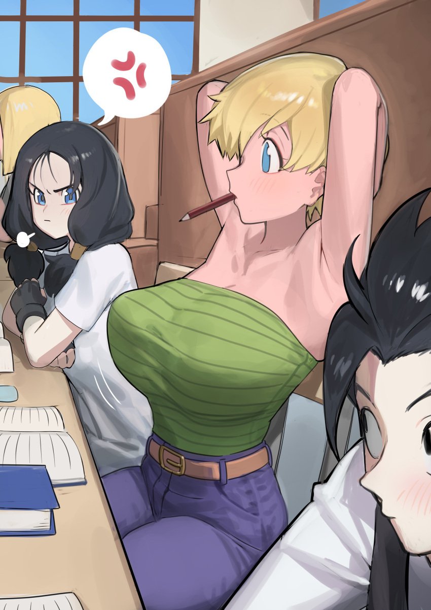 1boy 2girls anger_vein armpits arms_behind_head bangs belt black_hair blonde_hair blue_eyes blue_pants blush book breast_envy breasts brown_belt cleavage closed_mouth clothing denim desk dragon_ball dragon_ball_z earrings erasa female fingerless_gloves gloves green_shirt indoors jealous jealous_female jealous_look jealousy jeans jewelry large_breasts long_hair looking_at_viewer mouth_hold multiple_girls nia4294 nia_(nia4294) pants pencil shirt short_hair short_hair_female sitting son_gohan spoken_anger_vein strapless tied_hair twintails videl white_shirt