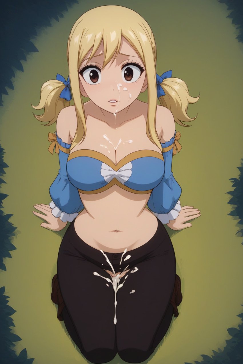 ai_generated blonde_hair brown_eyes cum cum_in_pussy cum_on_breasts cum_on_face fairy_tail from_above joestarsan1 looking_at_viewer lucy_heartfilia open_eyes outdoors partially_clothed ripped_clothing self_upload shocked_expression sitting stable_diffusion