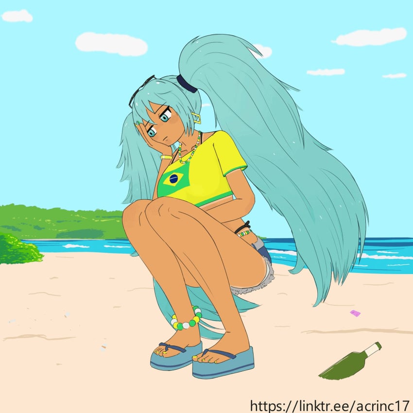 2d 2d_(artwork) areolae artist_request big_breasts brazil brazilian brazilian_female brazilian_miku breasts breasts_out busty female female_focus female_only flashing flashing_breasts gif hatsune_miku hourglass_figure image_sequence long_hair nipples sandals squatting tan tan_body tan_skin tanline twintails vocaloid wide_hips