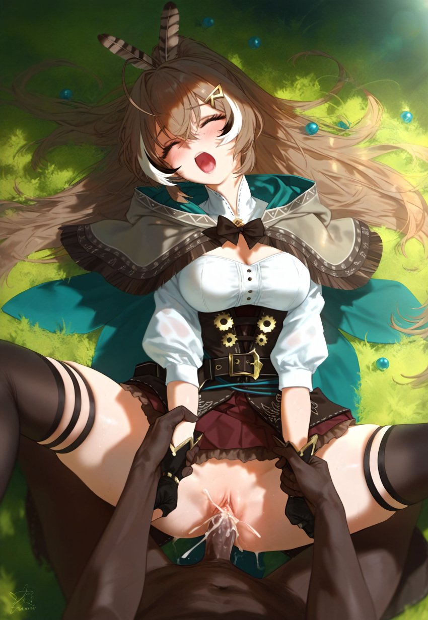 1boy 1girls ai_generated blush brown_hair dark-skinned_male female forest hair_ornament hololive hololive_english hololive_english_-council- interracial mirham nanashi_mumei netorare ntr ponytail vaginal_penetration virtual_youtuber vtuber