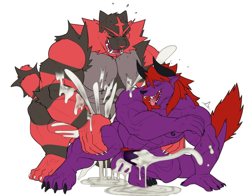 2boys anal anal_sex anthro balls behemoth_(final_fantasy) bodily_fluids claws closed_eyes crouching cum cum_drip cum_on_ground cum_while_penetrated dripping duo ejaculation final_fantasy from_behind_position gay gay_sex generation_7_pokemon genital_fluids genitals hi_res humanoid_genitalia humanoid_penis incineroar lars_(lars_behe) male male/male muscular nintendo open_mouth open_smile orgasm penetration penis pokemon pokemon_(species) sex seyrmo smile square_enix tongue tongue_out