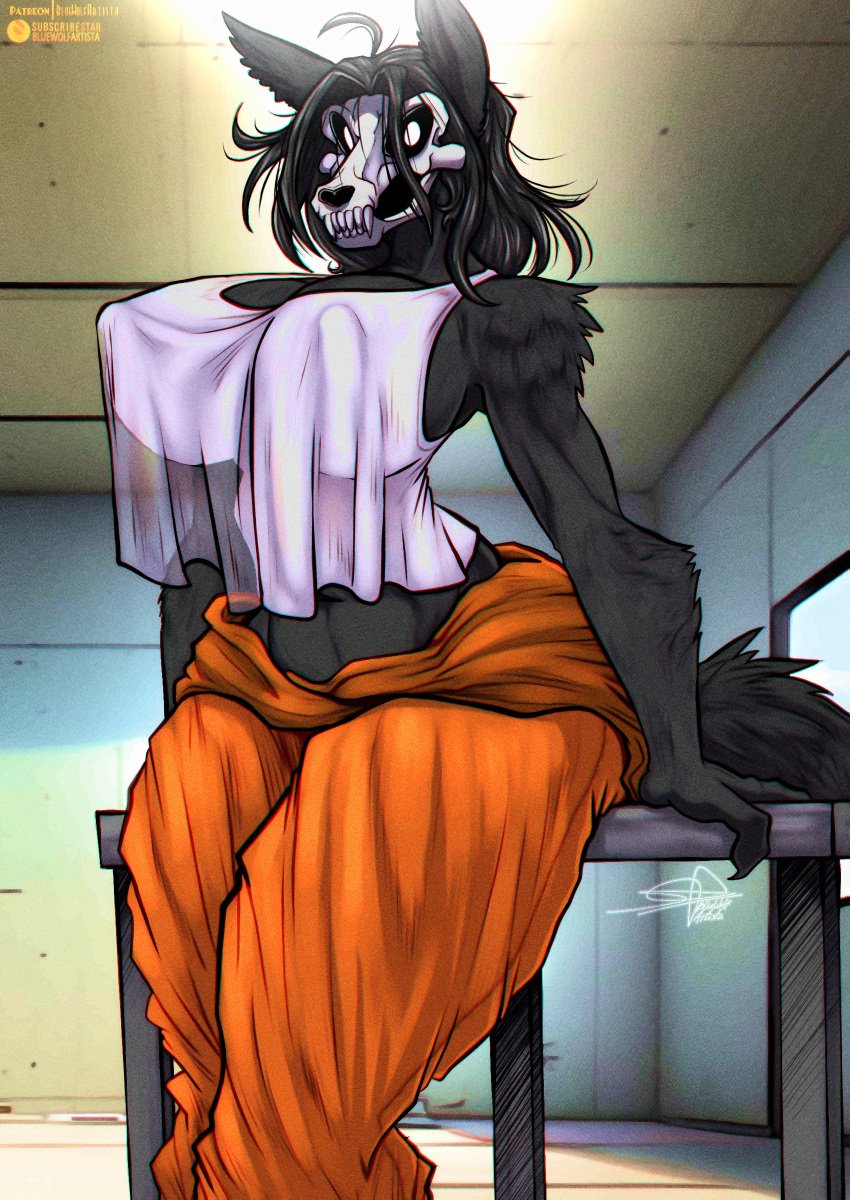 1girls animal_ears animal_skull anthro big_breasts big_thighs black_body black_fur black_hair bluewolfartista breasts fangs female fur furry gigantic_breasts gigantic_thighs huge_breasts huge_thighs mal0 malo orange_jumpsuit prison prisoner scp-1471 scp-1471-a scp_foundation skull skull_head tail taller_girl thick_hips thick_thighs thighs white_eyes