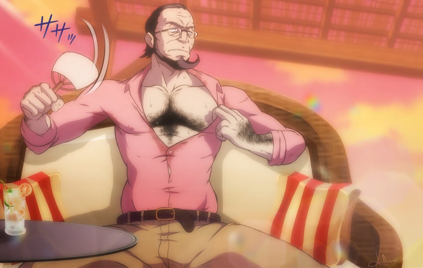 atlus beard black_hair bulge chinstrap_beard daddy dark_hair dilf facial_hair fan fanning_self funeral-paws gay glasses hairy hairy_chest japanese_text khakis male megami_tensei mostly_clothed muscular muscular_male open_shirt partially_unbuttoned persona persona_5 persona_5_royal pink_shirt sakura_sojiro slightly_chubby slightly_chubby_male sojiro_sakura sweat sweating wearing_glasses yaoi