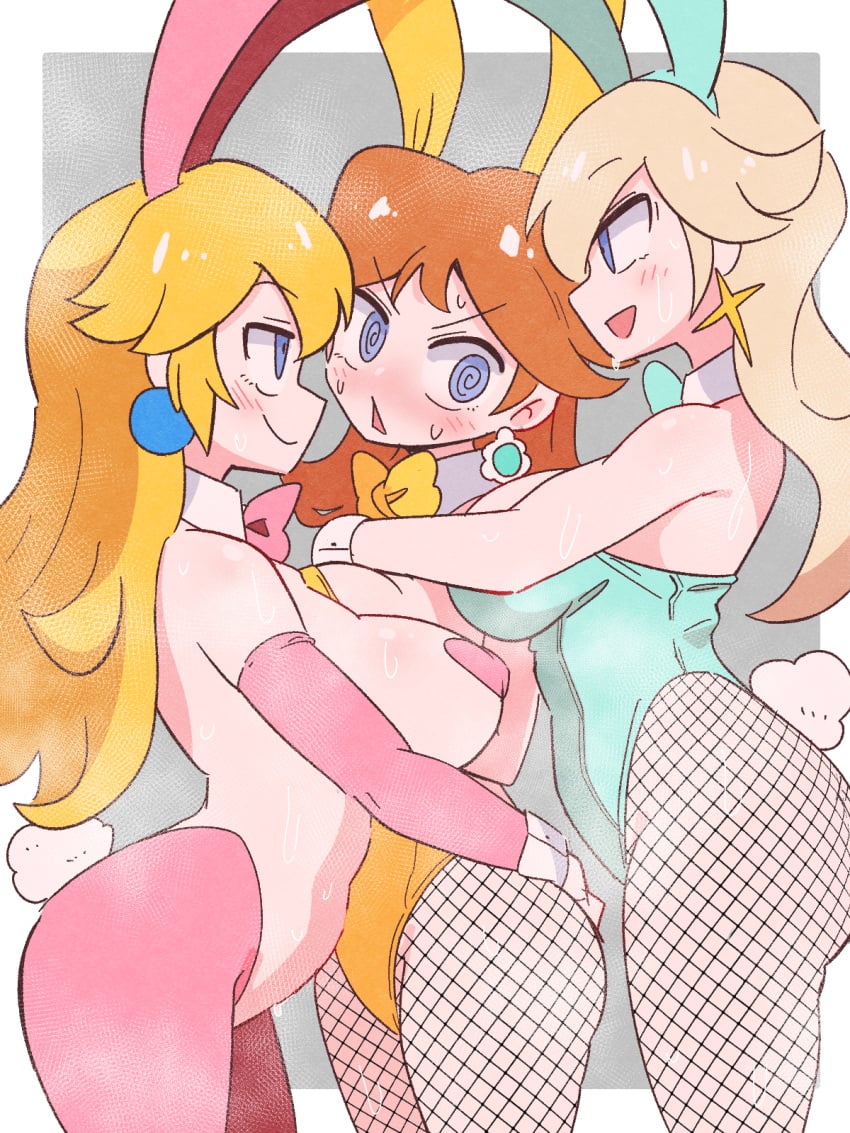 3girls blonde_hair blue_bow blue_eyes blush bow breasts brown_hair bunnygirl bunnysuit detached_collar earrings female female_only females fishnets flower_earrings kurachi_mizuki large_breasts mario_(series) multiple_girls nintendo open_mouth orange_bow pasties pink_bow playboy_bunny princess princess_daisy princess_peach princess_rosalina rabbit_ears rabbit_tail royalty sweat yuri