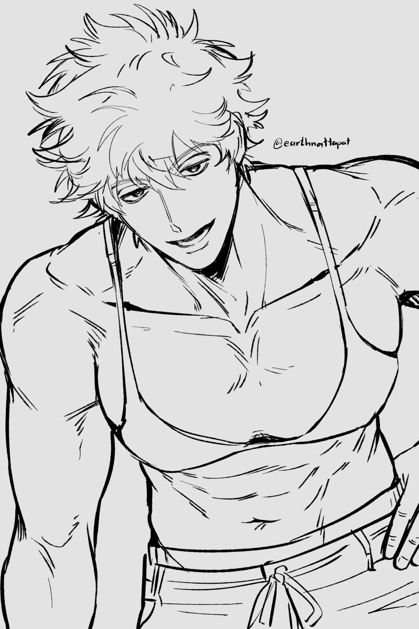 big_pecs bikini_top crossdressing earthnattapat gintama gintoki_sakata hand_on_hip leaning_forward line_art looking_at_viewer male male_only manly_crossdresser monochrome muscular muscular_male smile solo swimsuit