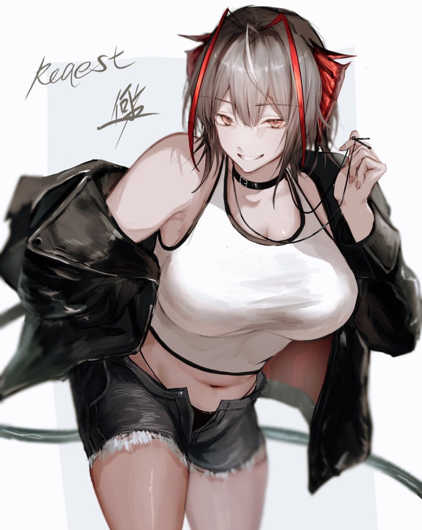 1girls arknights black_panties cowboy_shot donatasamade female female_only large_breasts light-skinned_female light_skin open_clothes open_fly open_shorts red_horns shorts smile solo w_(arknights) white_hair white_tank_top