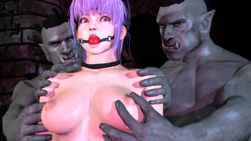 ayane_(doa) ball_gag bondage breasts_out dead_or_alive female femsub forced gag gag_bondage hand_on_breast kunoichi male nipples nude_female orc raped sex_slave ublik