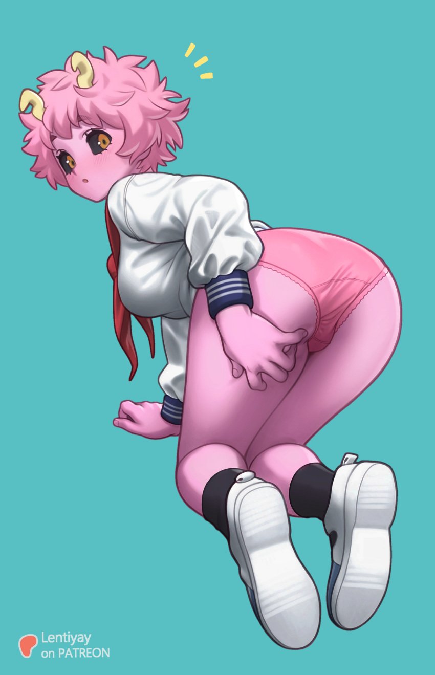 all_fours ashido_mina ass black_sclera black_socks blush breasts clothing colored_sclera colored_skin female female footwear from_behind horns kneeling lace-trimmed_panties legwear lentiyay long_sleeves looking_at_viewer looking_back my_hero_academia neckerchief no_pants notice_lines pantsu pink_hair pink_panties pink_skin red_neckerchief sailor_collar school_uniform serafuku shirt shoes short_hair skirt socks solo thighs u.a._school_uniform underwear uniform white_shirt yellow_eyes