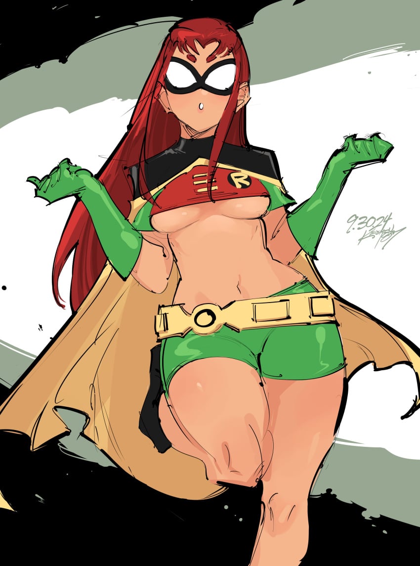 belt breasts cape clothing cosplay crop_top domino_mask eyewear female female_only gloves green_gloves green_shorts kenshin187 large_breasts long_hair looking_at_viewer mask medium_breasts midriff navel parted_lips red_hair short_shorts shorts solo standing starfire superhero teen_titans thick_thighs thighs underboob