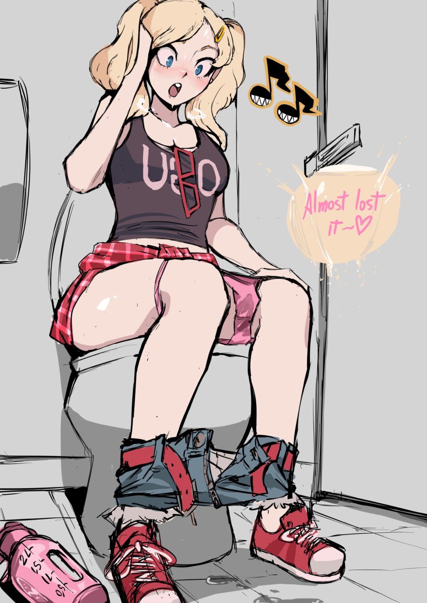 1girls ann_takamaki atlus bathroom belt biku black_tank_top blonde_hair blue_eyes blush bottle clothes_pull denim denim_shorts english_text highres looking_at_self musical_note open_fly open_mouth open_shorts panties panties_around_leg pants pants_pull panty_pull peeing persona persona_5 pink_panties plaid plaid_clothes plaid_skirt red_belt shoes shorts sitting skirt sneakers stained_panties sunglasses sunglasses_removed sweat tank_top toilet toilet_use twintails underwear unzipped water_bottle wet wet_panties wide-eyed