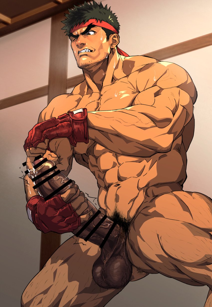 1boy abs balls bara beard_stubble big_balls big_penis black_hair brown_eyes capcom censor_bar censored censored_penis collarbone dangling_testicles dark_penis fingerless_gloves foreskin gay gritted_teeth hachimaki hairy_balls headband hesoten hi_res holding_penis huge_cock imminent_orgasm indoors japanese_room leg_hair long_penis looking_at_penis male male_only masturbation muscles muscular muscular_arms muscular_legs muscular_male muscular_thighs pecs precum precum_drip pubic_hair resisting ryu_(street_fighter) short_hair shunta six_pack solo spread_legs standing steam steamy_breath street_fighter sweat sweatdrop sweating sweaty syunta_87 thick_arms thick_eyebrows thick_penis thick_thighs trembling uncut urethral_fingering vein veiny_penis