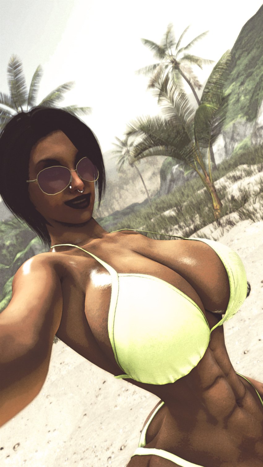 abs beach big_ass bikini black_hair breasts dark_hair dark_skin huge_breasts large_breasts muscular_female nose_ring phone piercing piercings race_swap sunglasses tinted_eyewear wide_hips zoey_(left_4_dead)