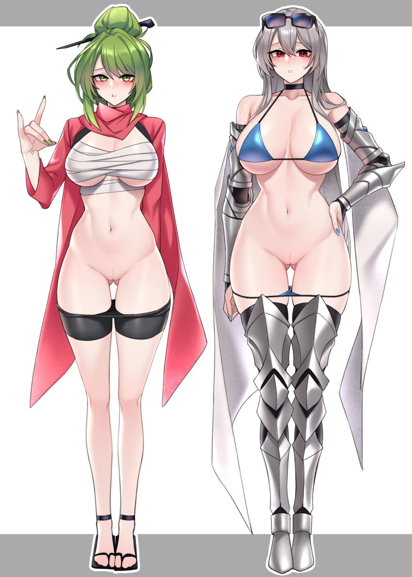 2girls :o absurdres armor ass_visible_through_thighs bike_shorts bikini bikini_pull black_choker black_shorts blue_bikini blue_nails blush breasts chest_sarashi choker cleft_of_venus closed_mouth clothes_pull commentary_request commission cuisses dogs_(dlrkdejr26) double-parted_bangs fingernails fox_shadow_puppet full_body green_eyes green_hair green_nails grey_hair hair_between_eyes hair_bun hair_ornament hair_stick halterneck hand_on_own_hip hand_up highleg highleg_bikini highres korean_commentary large_breasts large_variant_set letterboxed long_fingernails long_hair looking_at_viewer micro_shorts multiple_girls nail_polish navel original outside_border parted_lips poleyn pussy red_eyes sabaton sandals sarashi shorts shorts_pull single_hair_bun standing stomach string_bikini swimsuit uncensored underboob vambraces variant_set very_long_hair white_background zouri