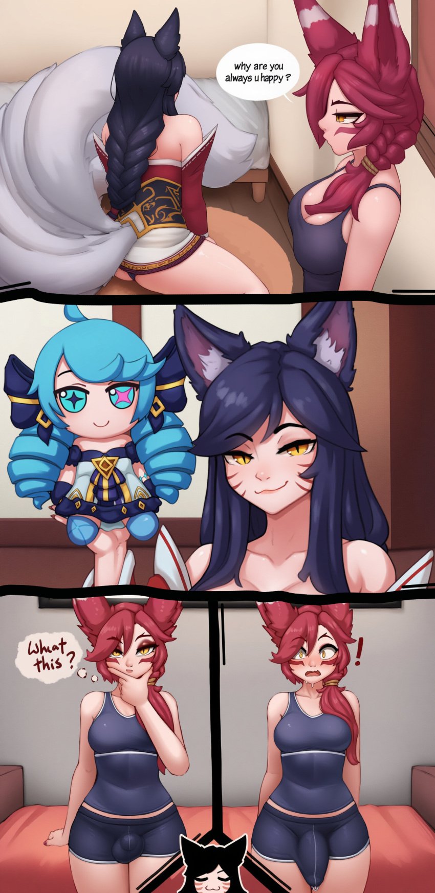 1girls 2futas :3 ahri ai_assisted ai_generated altra_x bed bedroom black_hair blue_hair blush bulge comic comic_panel doll fox_ears fox_girl fox_tail fumo_plush futanari gwen_(league_of_legends) indoors league_of_legends precum precum_through_clothing red_hair riot_games shorts smile smirk smug surprised talking talking_to_another tank_top text text_bubble thinking thong wavy_mouth xayah