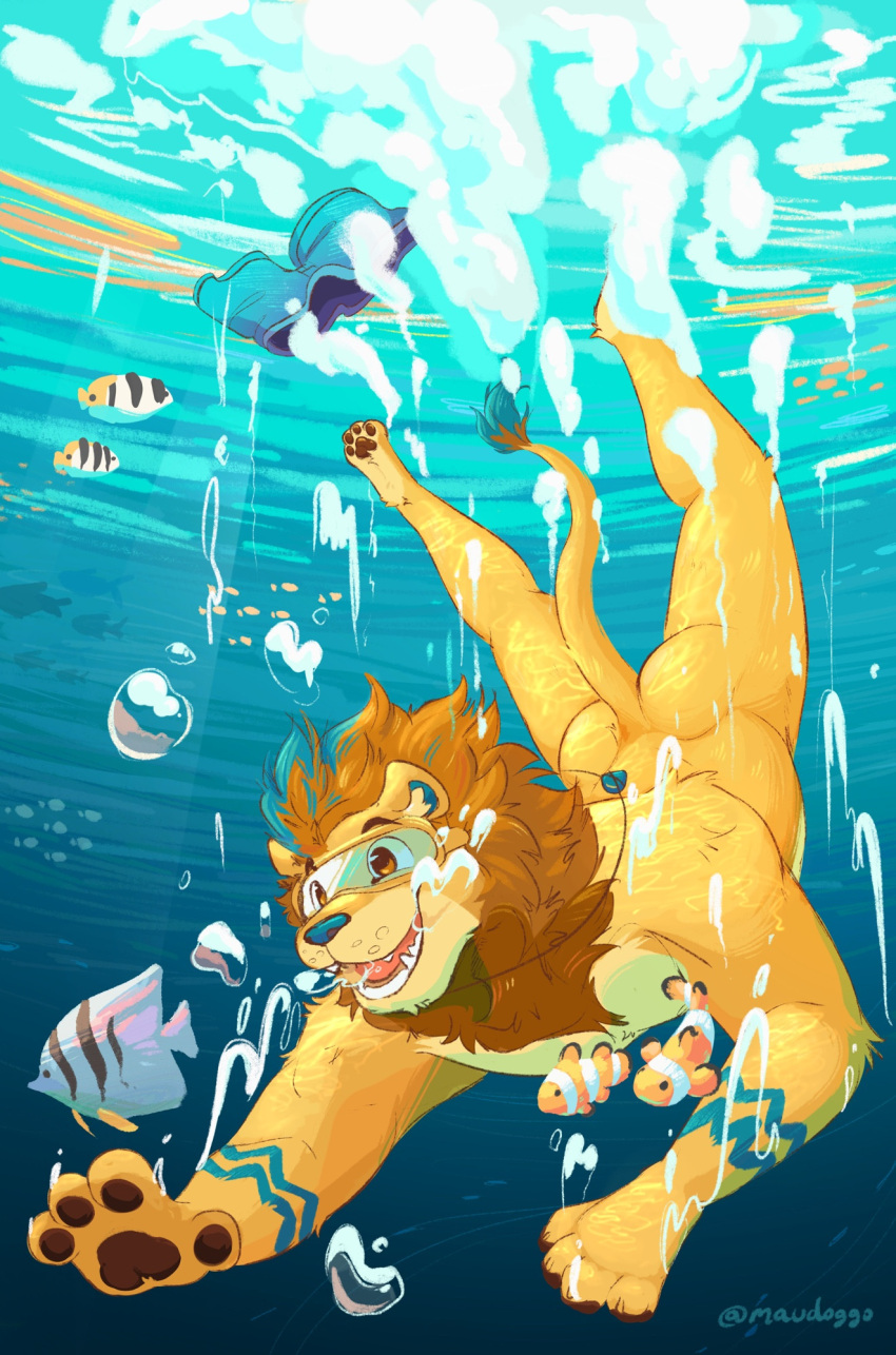 1boy anthro ass barefoot feet furry male maudoggo nude stage submerged swimming tagme underwater wardrobe_malfunction