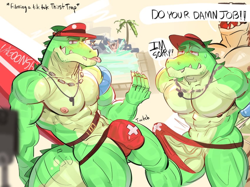 abs anthro asphyxiation beanbagdump biceps blush bodily_fluids bulge clothing crocodile crocodilian drowning duo english_text erection erection_under_clothing genital_fluids genitals hat headgear headwear hi_res lifeguard male male/male muscular muscular_anthro muscular_male neckwear nipples one_eye_closed palm_tree pecs penis plant precum precum_through_clothing precum_through_underwear red_clothing red_speedo red_swimwear reptile scalie sex speedo surfboard swimming_pool swimwear tail text tree underwear underwear_sex visor_cap water wet wet_clothing whistle_(object) wink