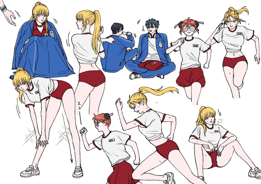 2boys 2girls blonde_hair buruma chi_c_lov class_3-z double_bun female fully_clothed gintama glasses gym_uniform kagura_(gintama) kawakami_bansai kijima_matako long_hair male multiple_scenes official_alternate_costume orange_hair ponytail running schoolgirl solo_focus stretching sweat takasugi_shinsuke track_and_field track_jacket track_suit wide_hips