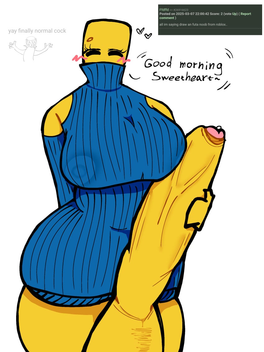 1futa bald battr big_breasts blue_sweater blush covered_mouth futanari heart hyper_penis mommy noob_(roblox) open_shoulders request roblox robloxian turtleneck veiny_penis visible_nipples wide_hips yellow_skin