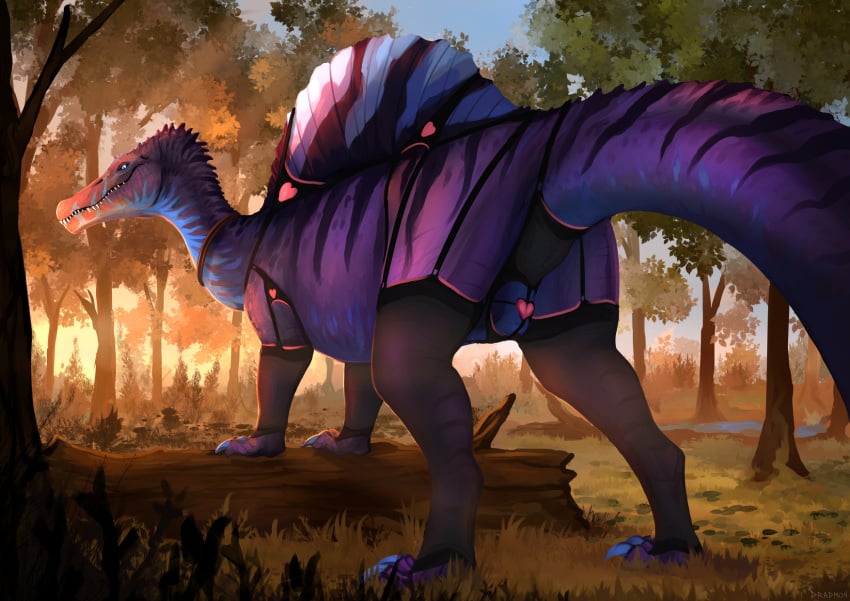 animal_genitalia blue_eyes claws cloaca clothed clothing day dinosaur dradmon female feral hi_res lingerie log outside reptile scalie solo spinosaurid spinosaurus standing stripes theropod toe_claws translucent transparent_clothing tree wood