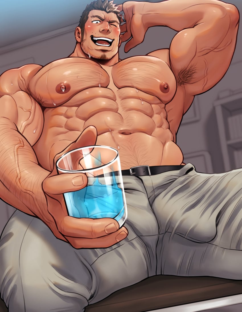 1boy abs arm_hair armpit_hair armpits arms_up bara beard_stubble beefy biceps big_areola big_breasts big_bulge blue_liquid blurry_background blush brown_eyes brown_hair bulge bulge_through_clothing chest_hair daddy dilf frown gay genital_outline glass glass_cup happy_trail hi_res holding_glass hunk indoors jewelry laugh looking_at_viewer male male_breasts male_only manly married mature_male muchiyukichan muscles muscular muscular_arms muscular_male navel one_eye_closed open_mouth oppai original original_character pecs ring sanpaku short_hair sitting sitting_on_couch six_pack small_pupils spread_legs sweat sweatdrop thick_arms thick_eyebrows thick_thighs topless tough_guy triceps veiny_arms yaoi