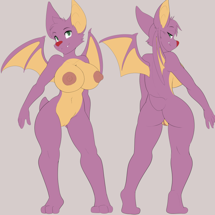 2019 absurd_res anthro ass big_breasts breasts chiropteran female fur green_eyes hair hi_res huge_nipples invalid_tag kami-chan laylee looking_at_viewer mammal model_sheet nipples nude playtonic_games pussy simple_background smile solo standing video_games wings yooka-laylee