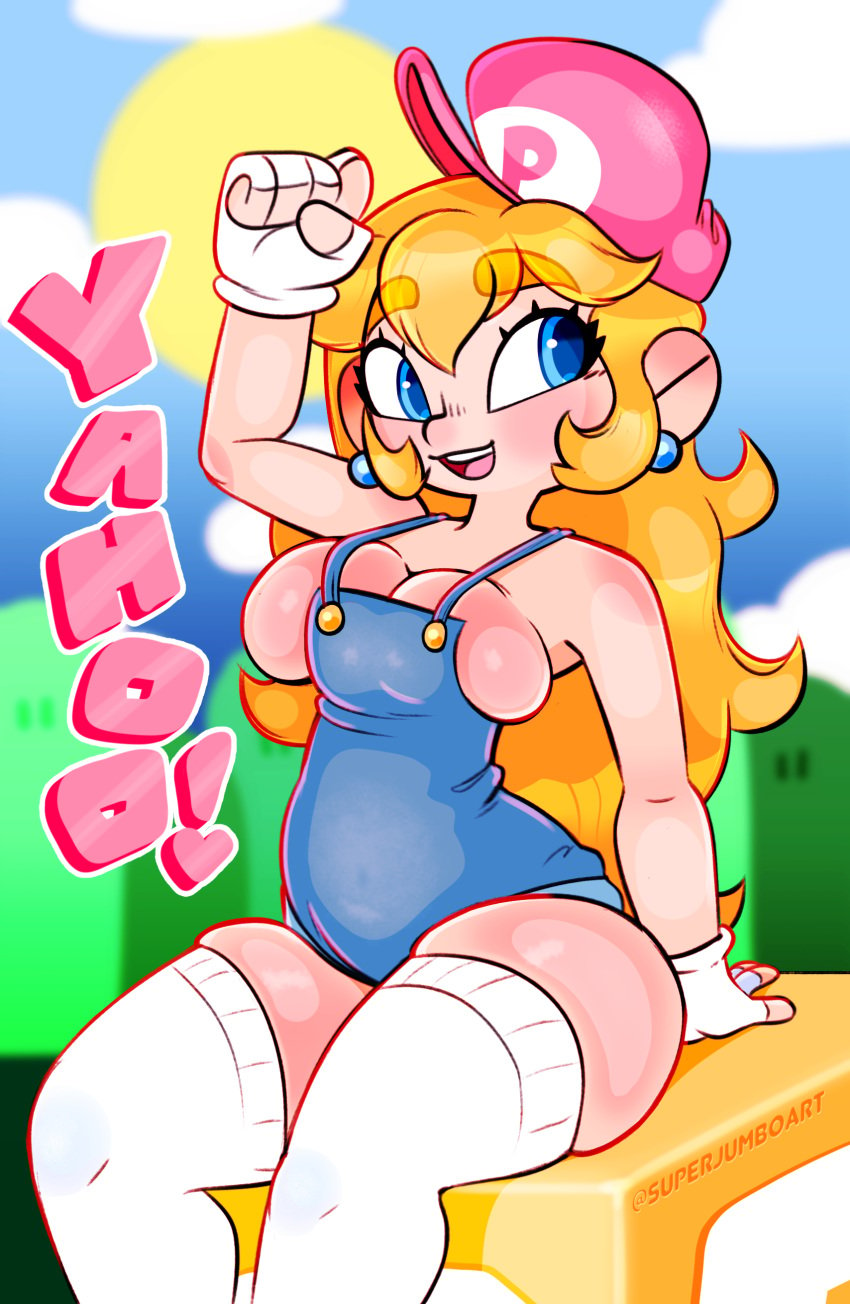 1girls blonde_hair blue_eyes breast_squish breasts cleavage clothed female fingerless_gloves gloves large_breasts mario_(series) nintendo overalls pinup princess_peach solo solo_focus super_jumbo super_mario_bros. thick_eyebrows thick_thighs thighhighs thighs