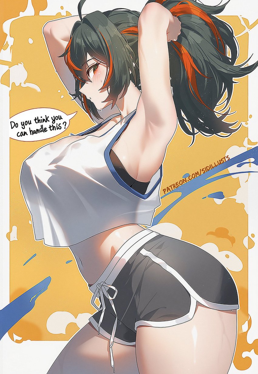 1girls 2d armpits black_and_red_hair blush clothed_female color dolphin_shorts female_only large_ass large_breasts looking_at_viewer ponytail red_streaks sidious_(artist) sweaty_body tank_top text text_bubble thick_thighs tying_hair zenless_zone_zero zhu_yuan