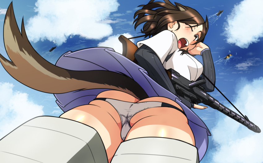 1girls animal_ears ass backpussy blush brave_witches breasts brown_hair clothing female female_only kawa-v kuroda_kunika medium_hair non-nude one_eye_closed open_mouth panties pantsu skirt sky solo strike_witches tail underwear white_panties white_underwear world_witches_series