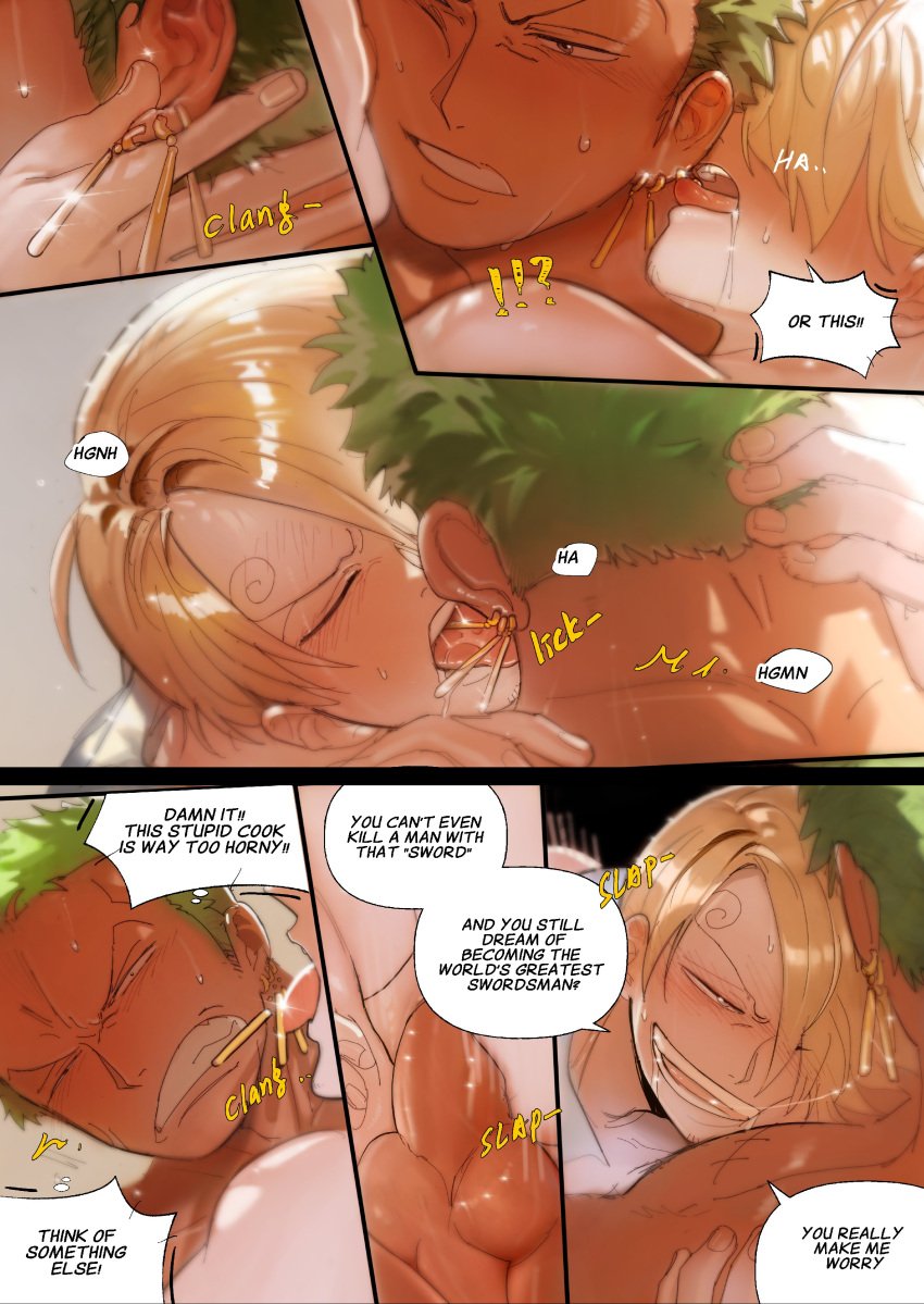 2boys anal anal_sex balls blonde_hair blush clenched_teeth comic dark-skinned_male dark_skin dialogue drooling ear_licking earrings english_text flustered gay green_hair hair_between_eyes interracial licking licking_ear light-skinned_male light_skin male male/male male_only olu1132 one_piece pale_skin pre-timeskip roronoa_zoro saliva_trail smile sweat tan_skin tongue_out uncensored vinsmoke_reiju vinsmoke_sanji yaoi