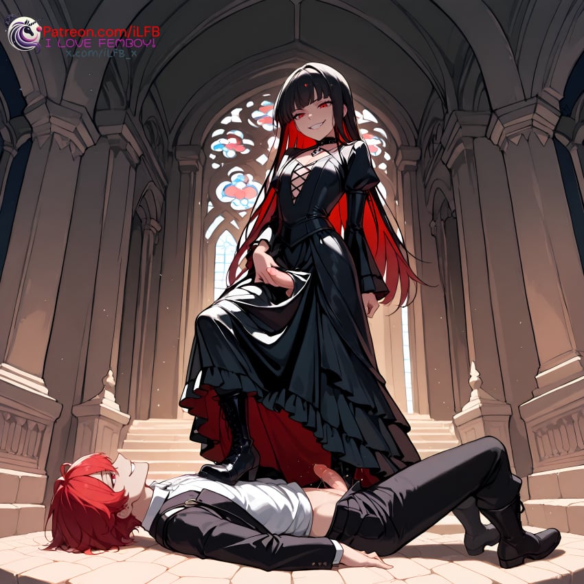 2boys ai_generated balls black_hair boots dress evil_grin evil_smile femboy flat_chest handjob high_resolution highres ilfb long_hair lying lying_down more_at_source original original_character otoko_no_ko red_eyes red_hair short_hair skirt standing testicles trap yaoi