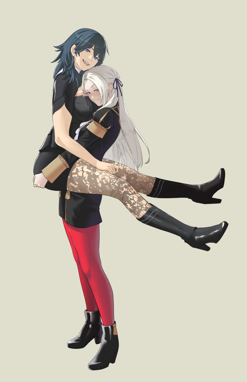 2girls :d ass bare_arms big_ass blue_eyes blush boots breast_smother breasts byleth_(female)_(fire_emblem) byleth_(fire_emblem) byleth_(fire_emblem)_(female) carrying carrying_person edelgard_von_hresvelg face_to_breasts fire_emblem fire_emblem:_three_houses garreg_mach_monastery_uniform grey_background high_heel_boots high_heels highres large_breasts legs_up long_hair looking_at_viewer medium_hair multiple_girls open_mouth pantyhose pomelomelon raised_eyebrow short_sleeves shorts small_breasts smile smug teal_hair very_long_hair white_hair yuri