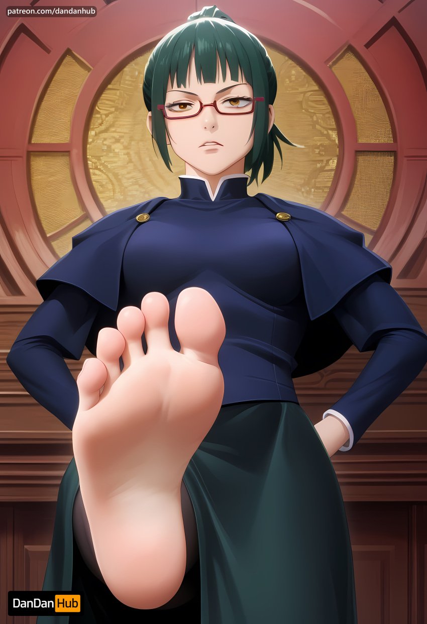 ai_generated bangs barefoot breasts brown_eyes dandanhub feet female foot_focus glasses green_hair jujutsu_kaisen looking_at_viewer ponytail school_uniform soles solo toes yellow_eyes zenin_maki