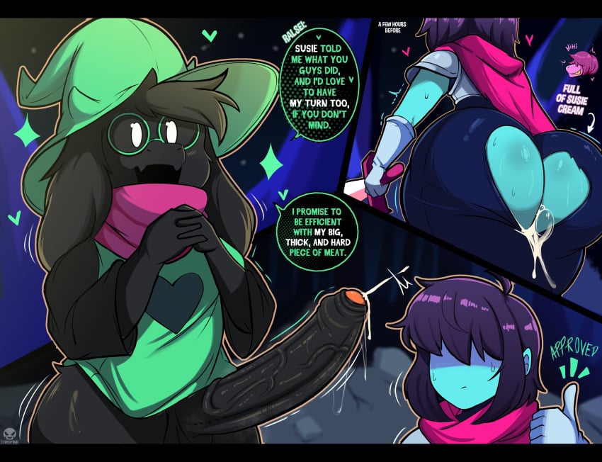 big_ass big_penis creampie deltarune femboy goat hat human kris_(deltarune) lordfink nonbinary ralsei ralsei_with_black_fur skintight_bodysuit susie_(deltarune) text