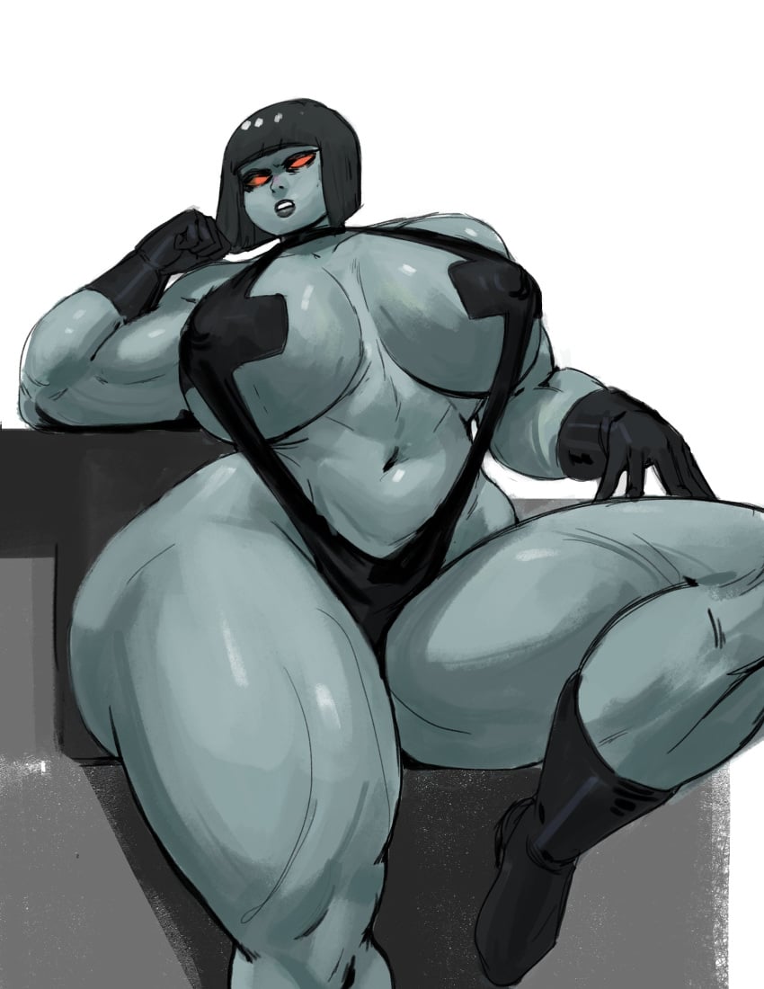 1girls 2019 absurd_res annoyed bare_shoulders black_gloves black_hair black_lips blunt_bangs boots bowl_cut clenched_teeth commentary covered_nipples darkseid dc_comics english_commentary genderswap_(mtf) glowing_eyes grey_skin huge_ass huge_breasts looking_at_viewer muscular_female navel no_pupils orange_eyes redblacktac rule_63 simple_background sling_bikini solo solo_female thick_thighs white_background wide_hips