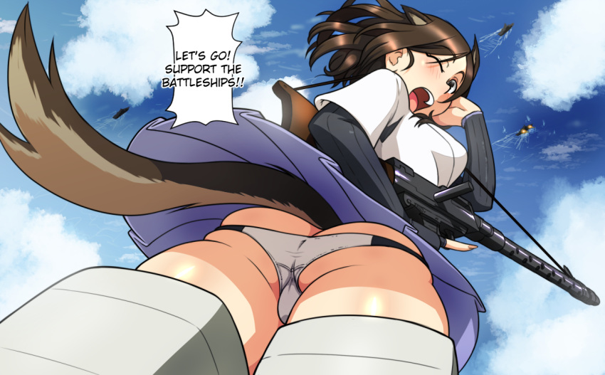 1girls animal_ears ass backpussy blush brave_witches breasts brown_hair clothing english_text female female_only kawa-v kuroda_kunika medium_hair non-nude one_eye_closed open_mouth panties pantsu sky solo speech_bubble strike_witches tail text underwear upskirt white_panties white_underwear world_witches_series