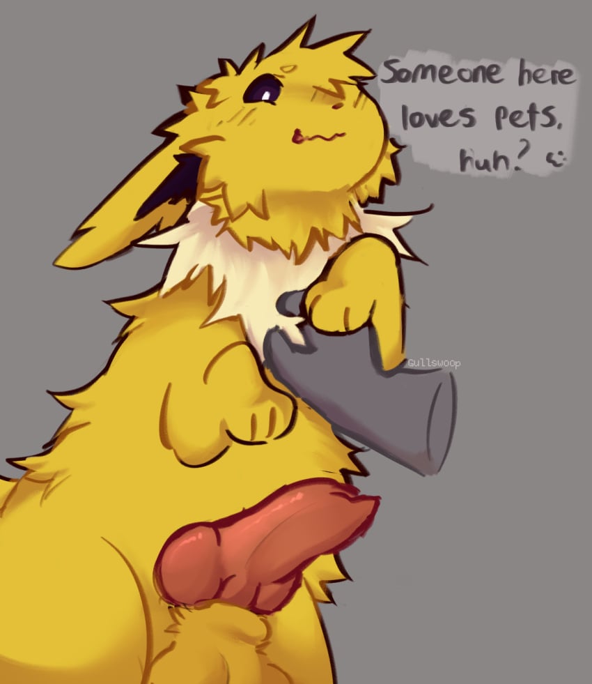 balls blush blush_lines eeveelution english_text feral fur generation_1_pokemon genitals gullswoop hi_res jolteon knot male nintendo paws penis petting pokemon pokemon_(species) presenting presenting_penis solo text yellow_body yellow_fur