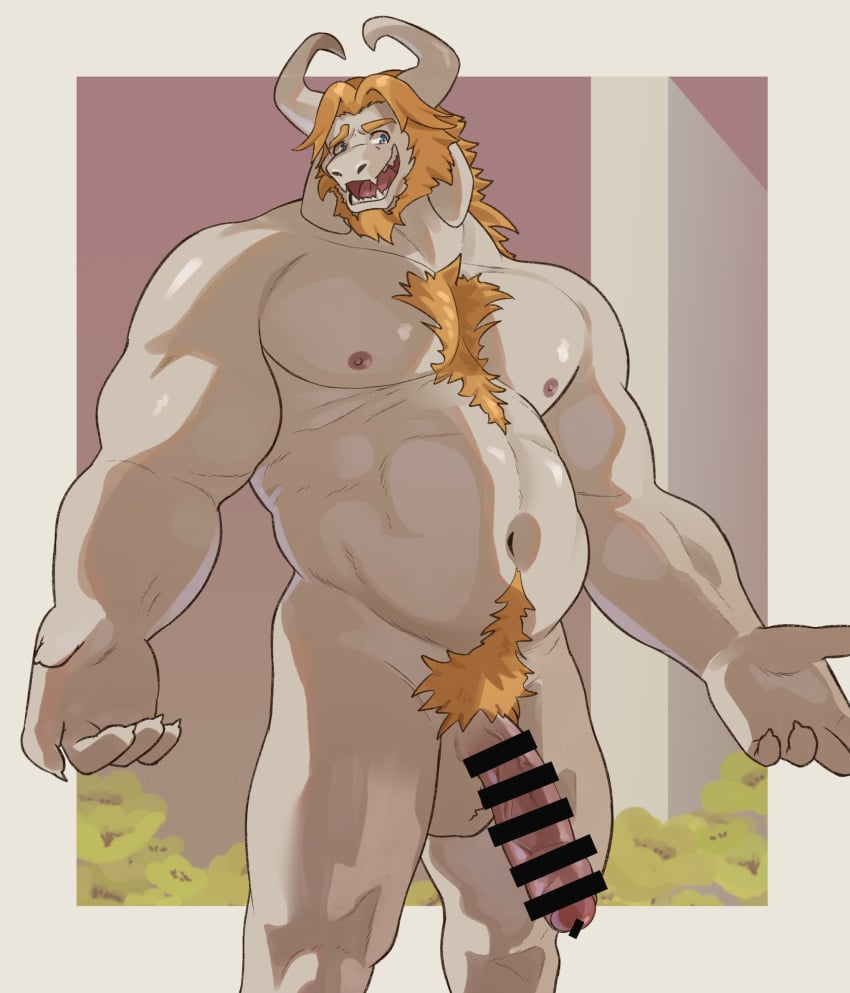 1boy 29c_(niku405) abs asgore_dreemurr bara belly blonde_hair censored chest_hair commentary_request erection fangs floppy_ears furry furry_male goat_horns highres horns looking_to_the_side male_focus muscular muscular_male navel nipples open_mouth pectorals penis plump pubic_hair smile testicles topless_male undertale white_fur