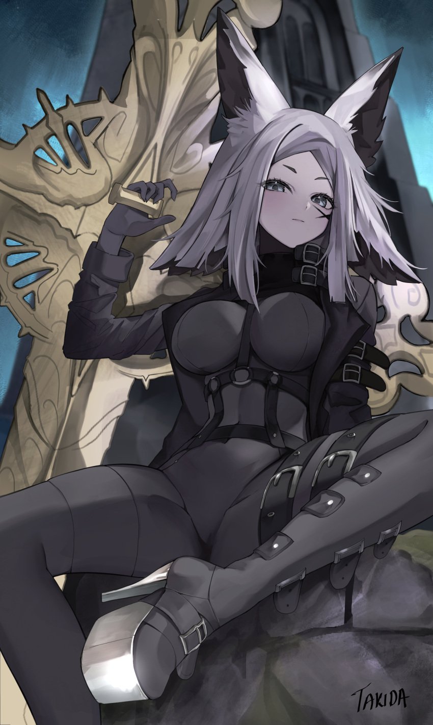 animal_ear_fluff animal_ears bangs black_footwear black_gloves black_legwear blush bodysuit boots breasts closed_mouth dya_rikku_(vtuber) female forehead gloves grey_eyes grey_hair holding knee_up large_breasts long_hair long_sleeves looking_at_viewer parted_bangs signature silver_hair sitting smile solo spread_legs vyugen