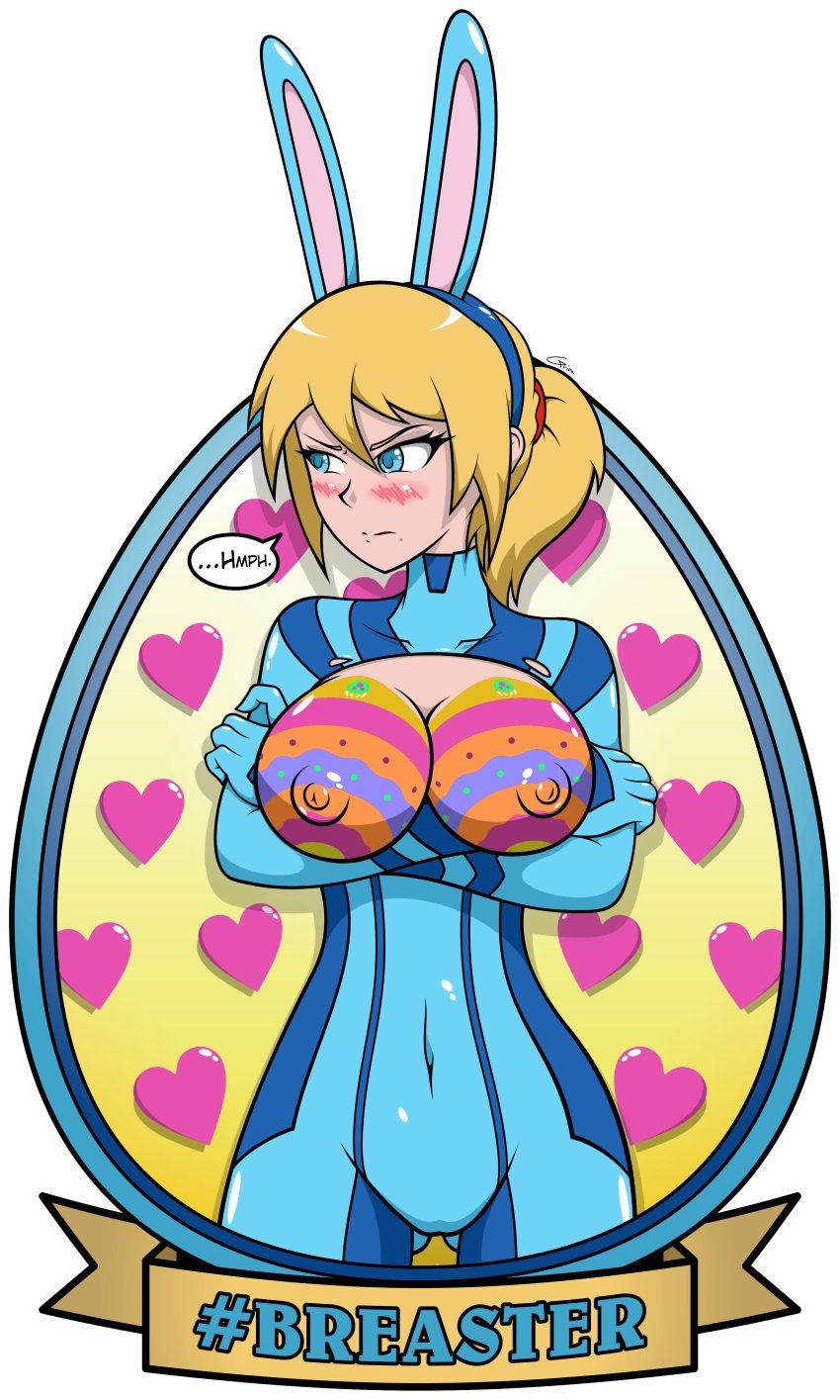 1girls angry annoyed arms_under_breasts ass_visible_through_thighs beauty_mark big_breasts blonde_hair blue_eyes blushing bodypaint bodysuit border breaster breasts covered_navel crossed_arms dialogue easter easter_breasts embarrassed exposed_breasts fake_animal_ears female female_only front_view holidays isaac-grim looking_away metroid nintendo nipples ponytail pout samus_aran speech_bubble standing text torn_clothes transparent_background white_outline zero_suit_samus