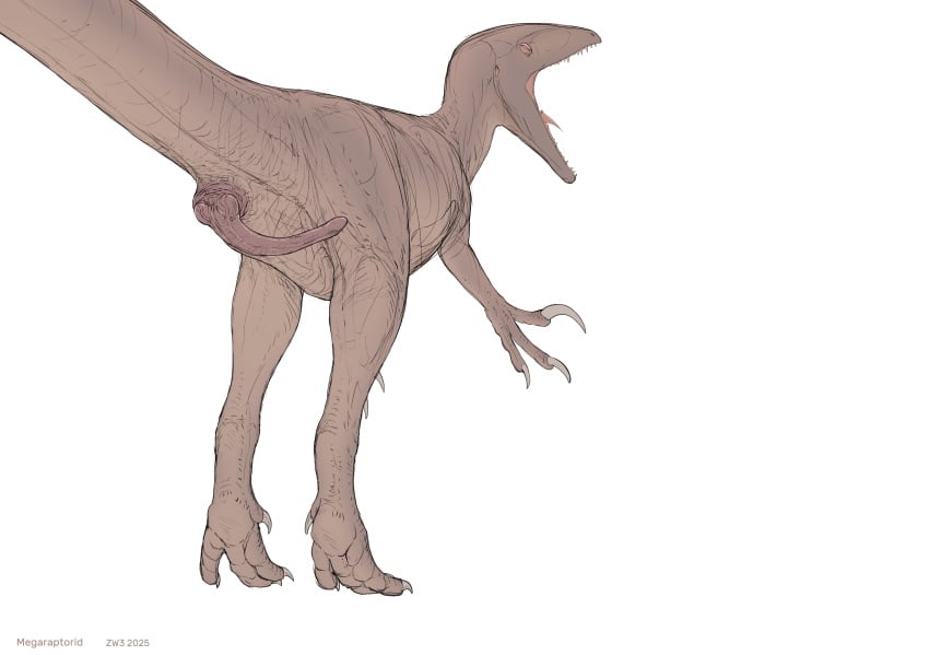 absurd_res animal_genitalia anus ass biped brown_body claws cloaca cloacal_penis closed_eyes countershading darkened_genitalia digital_drawing_(artwork) digital_media_(artwork) dinosaur earhole erection feral feral_only genitals hi_res horizontal_cloaca low-angle_view male nictitating_membranes open_mouth pawpads penis perspective pink_cloaca prehistoric_species pubic_boot raised_tail rear_view reptile scalie seminal_groove simple_background solo standing tail tapering_penis theropod tiptoes tongue white_background zw3