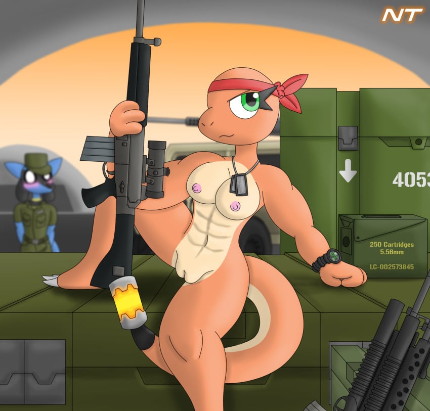 abs accessory ammo_box anthro assault_rifle background_character belly breasts car charmander clock clothing crate dog_tags ember_fuegez eyelashes fan_character female generation_1_pokemon generation_4_pokemon genitals green_eyes grenade_launcher gun hat headband headgear headwear hi_res holding_gun holding_object holding_ranged_weapon holding_weapon humvee military military_cap military_clothing military_uniform military_vehicle muscular muscular_female ninjatreecko nintendo nipples nude nude_anthro nude_female orange_body pokemon pokemon_(species) pokemorph pussy ranged_weapon reptile rifle riolu scalie scope sitting sitting_on_crate solo tail tan_belly uniform vehicle watch weapon