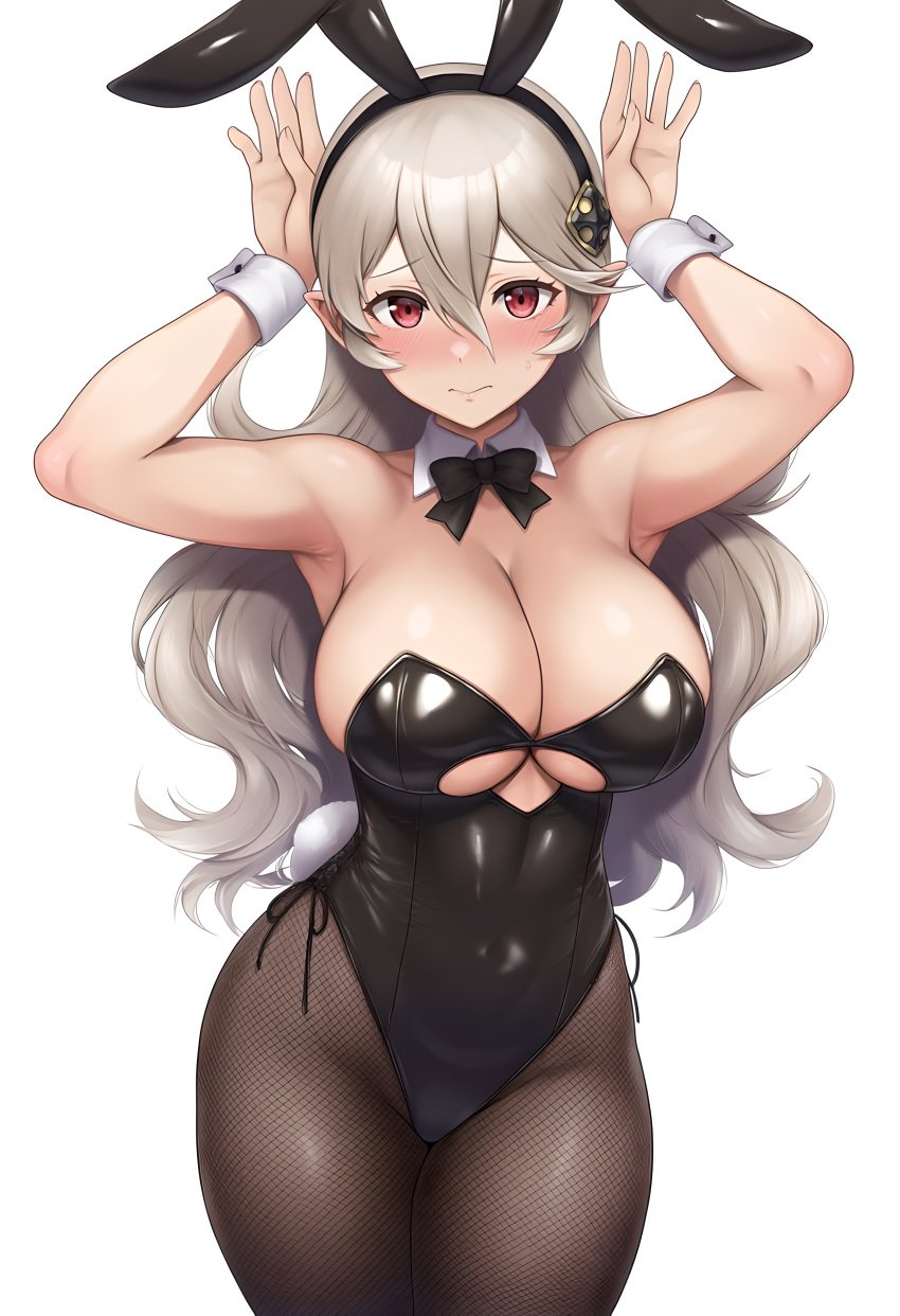 1girls bunny_ears bunny_girl bunnysuit cleavage corrin_(fire_emblem) corrin_(fire_emblem)_(female) embarrassed fake_animal_ears fire_emblem fire_emblem_fates fishnets grey_hair large_breasts looking_at_viewer nintendo pointy_ears pyo_3300 red_eyes thick_thighs thighs wide_hips