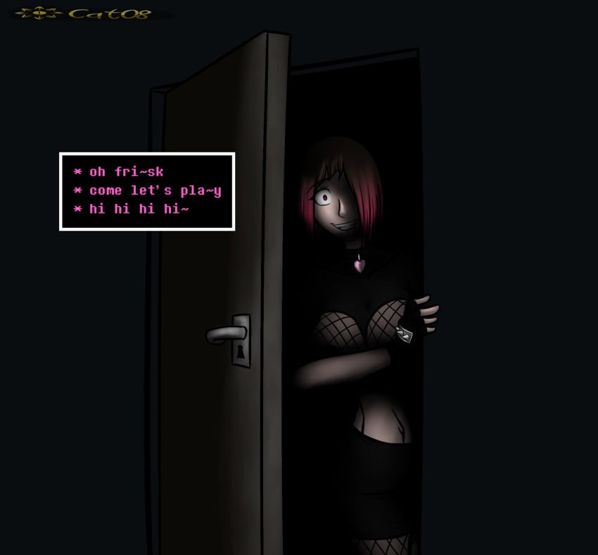 bete_noire betty_noire brown_hair chaoscat08 dialogue dialogue_box door glitchtale pink_eyes pink_hair short_hair smiling underlust