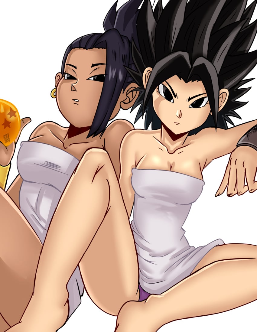 bathrobe black_eyes black_hair bracelet caulifla darkfang100 dragon_ball dragon_ball_super dragon_ball_z ear_piercing female_only friends kale light-skinned_female looking_at_viewer panties saiyan sitting