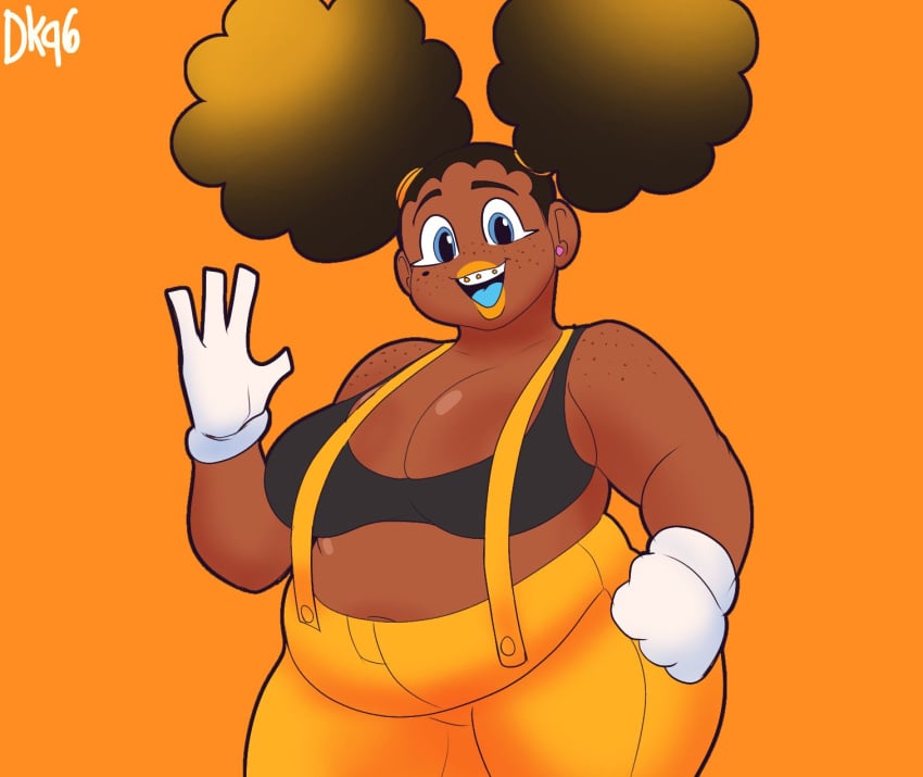 afro_puffs belly chubby chubby_female daisykitty96 dark-skinned_female female female_only melody_(daisykitty96) overalls solo waving