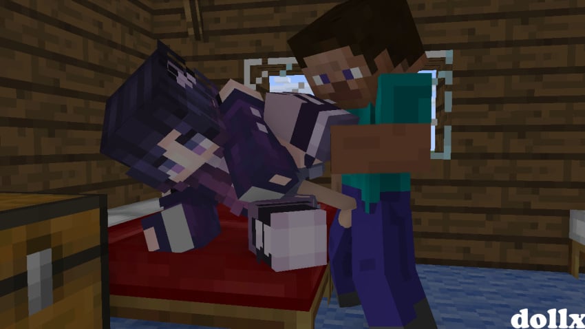 1boy 3d bedroom female minecraft purple_dress purple_eyes purple_hair sex steve_(minecraft) tagme villager